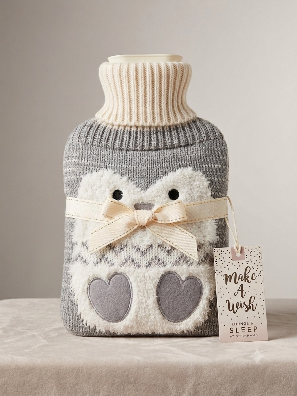 NWT Lounge & Sleep Debenhams Penguin Hot Water Bottle knit Cover Grey Cream